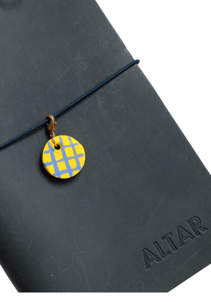 Dangle Button Charm in a Yellow + Blue Grid