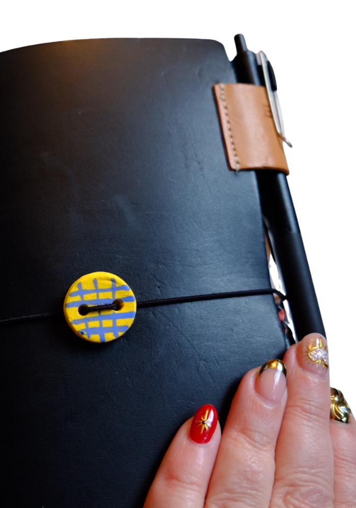 Passthrough Button Charm in a Yellow + Blue Grid